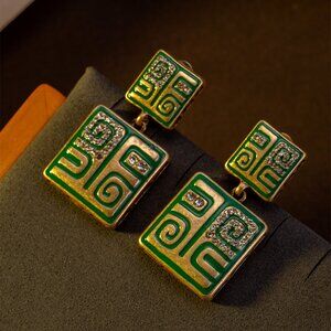 Vintage Gold Green Enamel Geometric Drops
